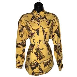 Equestrian Vintage Cottagecore Horse Long Sleeve Leslie Fay Button Up Blouse‎